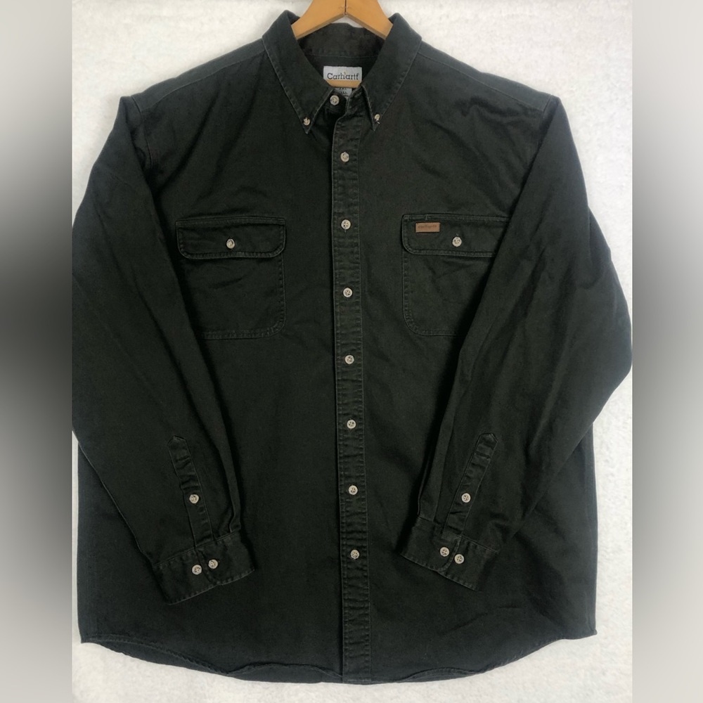 Carhartt Long Sleeve Flannel Shirt mens 2XL Tall Mos Canvas Work Hunt Western